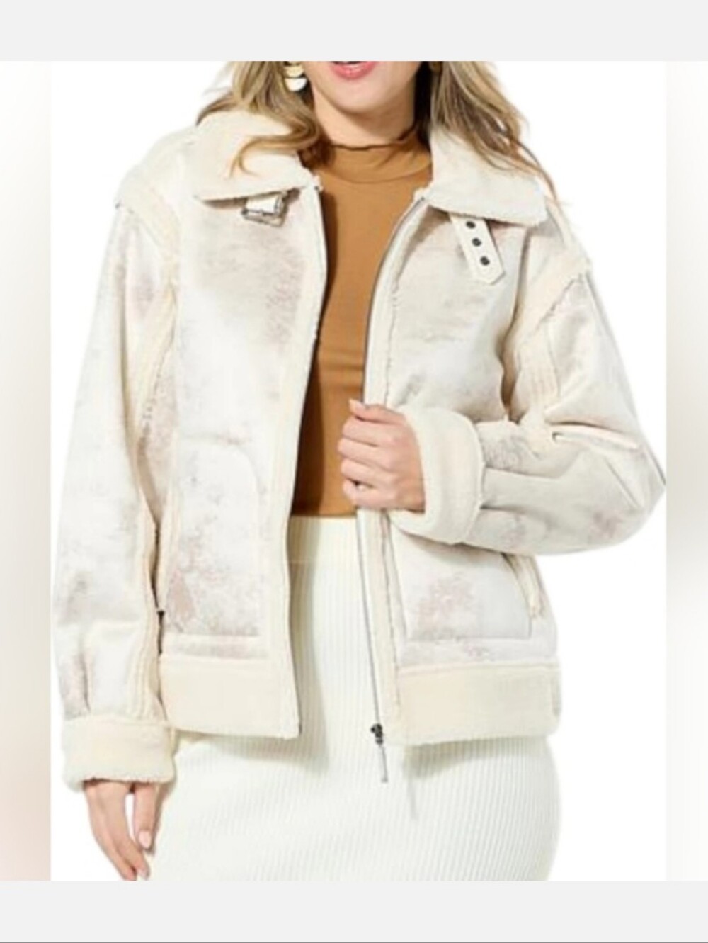G by Giuliana Black Label Faux Suede and Shearling Zip Front Coat Size M Ivory